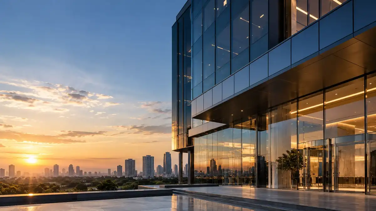 Imagem ilustrativa de arquitetura corporativa contemporânea em fachada de vidro